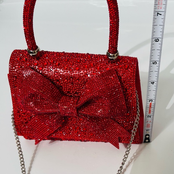 Red Rhinestone Studded Top Handle Large Bow Evening Bag - Picture 13 of 15